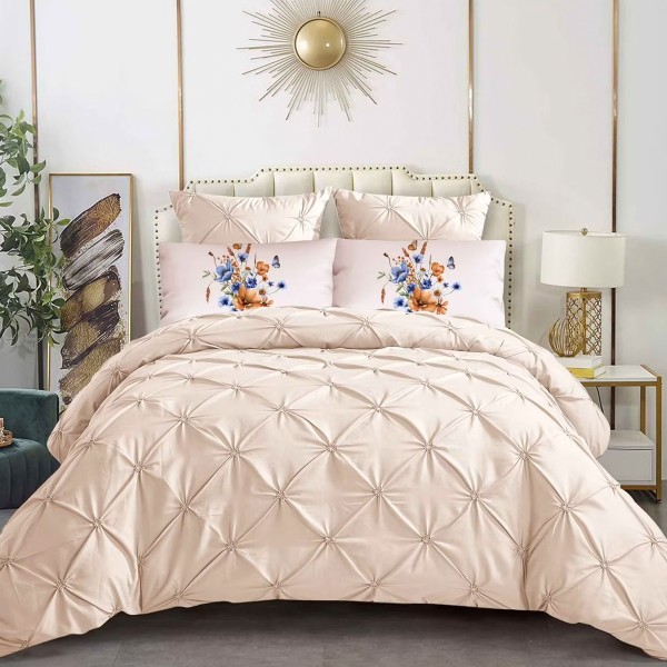 Lenjerie pat dublu, Finet Satinat Deluxe cu Pliuri Brodate, IDENTICA CU POZA, cu elastic, 6 piese, Crem [1]