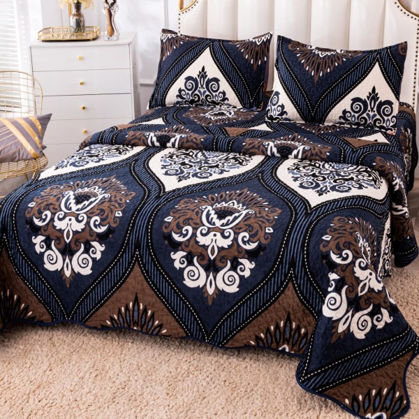 Cuvertura pat dublu, matlasata, din Catifea, 3 piese, 230x250cm, Bleumarin - Negru, model elegant [1]