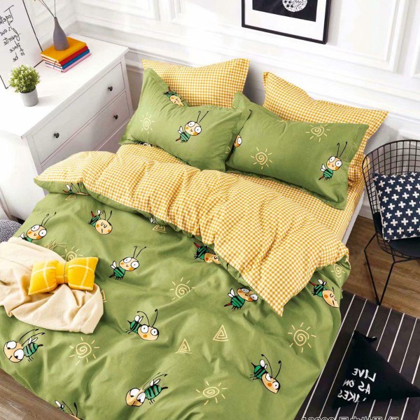 Lenjerie pat dublu,  FINET, 6 piese, cu ELASTIC, Jojo Home, Verde, albinute [1]