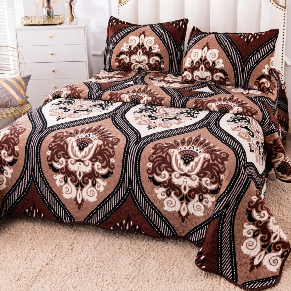Cuvertura pat dublu, matlasata, din Catifea, 3 piese, 230x250cm, Maro, model elegant [1]