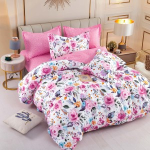 Lenjerie pat dublu,  FINET, 6 piese, cu ELASTIC, Jojo Home, Alb-Roz, flori