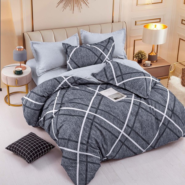 Lenjerie pat dublu,  FINET, 6 piese, Jojo Home, Gri, dungi [1]