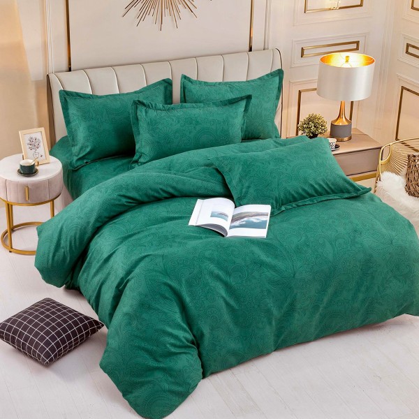 Lenjerie pat dublu,  FINET, 6 piese, cu ELASTIC, Jojo Home, Verde, model floral [1]