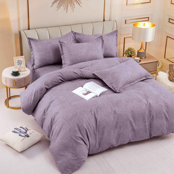 Lenjerie pat dublu,  FINET, 6 piese, cu ELASTIC, Jojo Home, Gri movuriu, model floral [1]