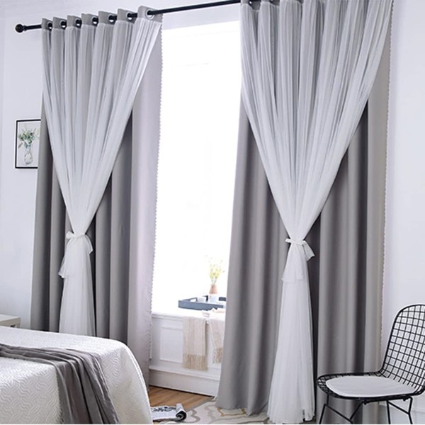 Set de 2 draperii 2 in 1 cu perdea - 1,5m latime x 2.5m inaltime, cu rejansa pentru SINA, Gri-Alb [1]