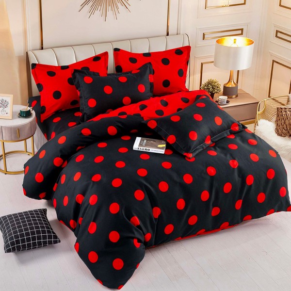 Lenjerie pat dublu,  FINET, 6 piese, Jojo Home, Negru-Rosu, buline [1]