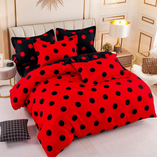 Lenjerie pat dublu,  FINET, 6 piese, Jojo Home, Rosu-Negru, buline [1]