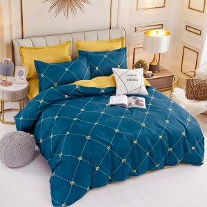 Lenjerie pat dublu,  FINET, 6 piese, cu ELASTIC, Jojo Home, Bleumarin-Mustar, dungi