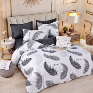 Lenjerie pat dublu,  FINET, 6 piese, cu ELASTIC, Jojo Home, Alb-Negru, pene