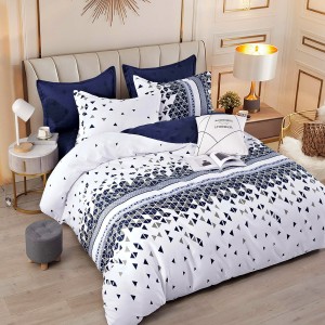 Lenjerie pat dublu,  FINET, 6 piese, cu ELASTIC, Jojo Home, Alb-Bleumarin, forme geometrice