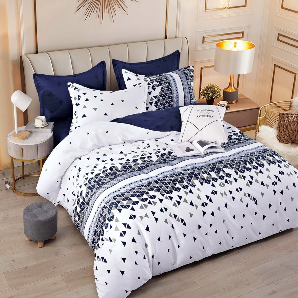 Lenjerie pat dublu,  FINET, 6 piese, cu ELASTIC, Jojo Home, Alb-Bleumarin, forme geometrice [1]