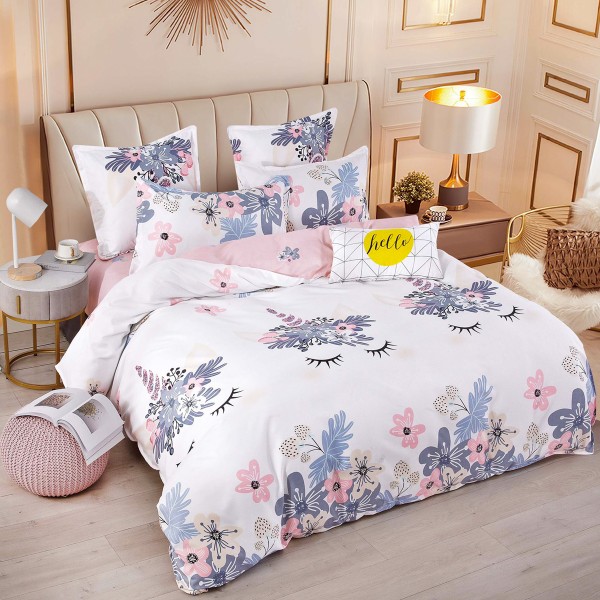 Lenjerie pat dublu,  FINET, 6 piese, cu ELASTIC, Jojo Home, Alb-Multicolor, unicorni, flori [1]