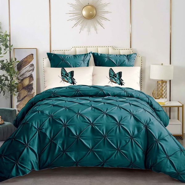 Lenjerie pat dublu, Finet Satinat Deluxe cu Pliuri Brodate, IDENTICA CU POZA, cu elastic, 6 piese, Verde Smarald [1]