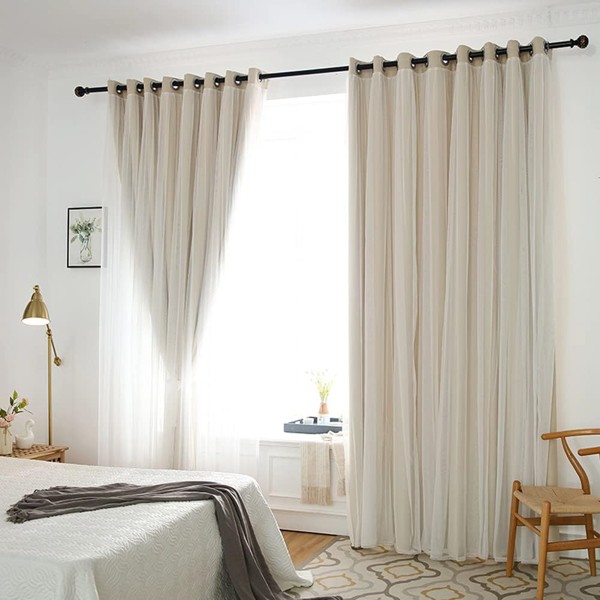 Set 2 bucati de Draperie 2 in 1 cu perdea, Bej - Alb, latime 1,4m, inaltime 2,4m, cu rejansa pt bara  [1]