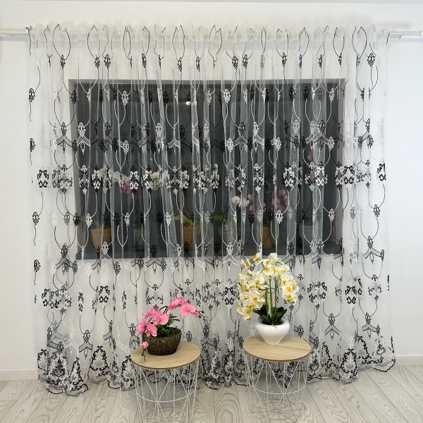 Perdea cu model brodate - 5m latime x 2.4m inaltime, cu rejansa pentru BARA, Alb-Negru [1]
