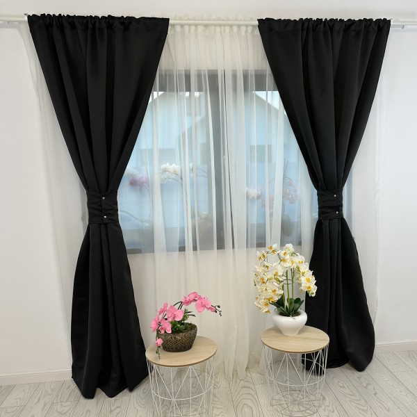 Set 2 Draperii Blackout Satinat - 100cm latime x 200cm inaltime , Tiv lat  , Negru [1]