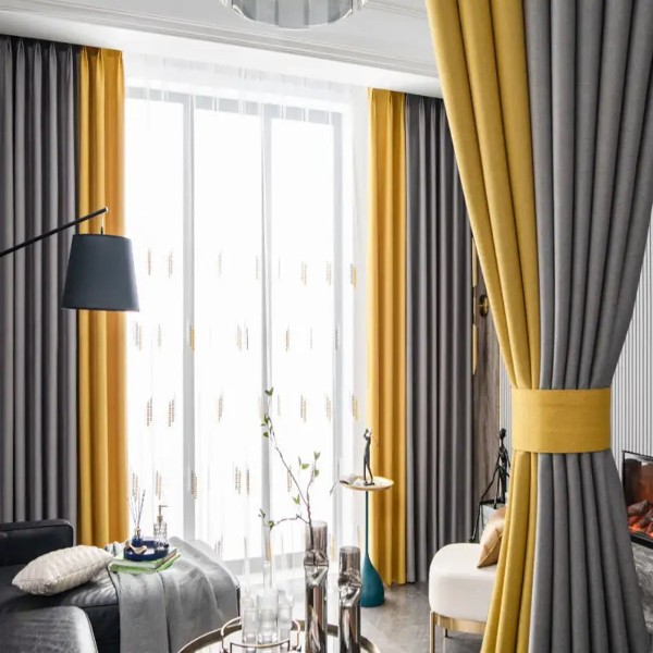 Set 2 bucati de Draperie Blackout 80%, din Catifea, Bicolor, Gri deschis - Galben, latime 1.4m x inaltime 250cm, cu rejansa pt sina [1]