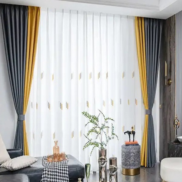 Draperie Blackout 80%, din Catifea, Bicolor - 140cm latime  x 200cm inaltime  ,rejansa pt. sina, Gri inchis - Galben [1]