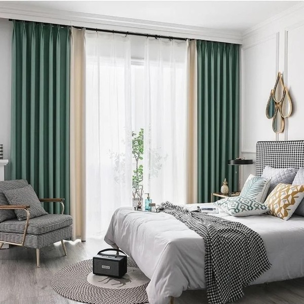 Set de 2 bucati de Draperie Blackout 80%, din Catifea, Bicolor - 2m x 2.30m x rejansa pt bara,  Verde Aqua - Bej deschis  [1]