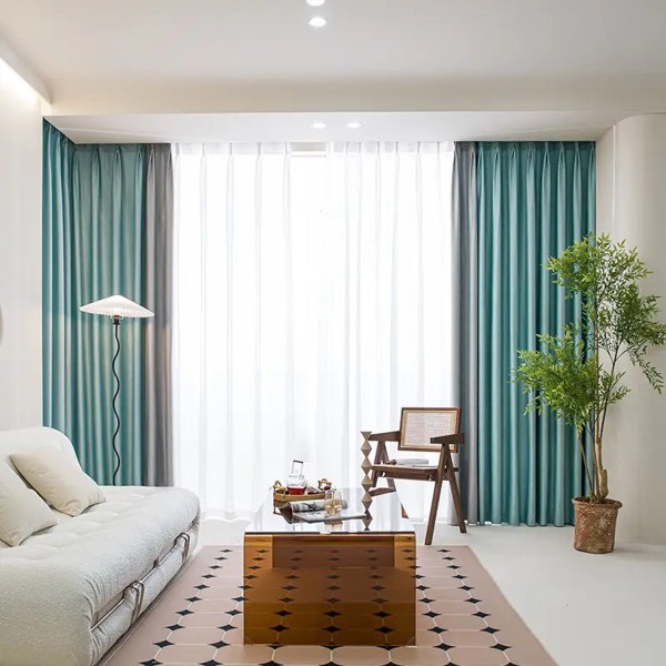 Set 2 Draperii Blackout 80%, din Catifea, Bicolor, Verde Aqua - Gri deschis, 1.4m latime x 2.55m inaltime, cu rejansa pentru bara [1]