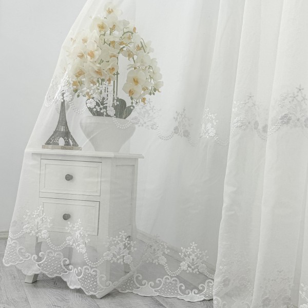 Perdea Leea din Tulle cu Broderie, Alb, 5m latime x 232cm inaltime x rejansa pt bara [1]