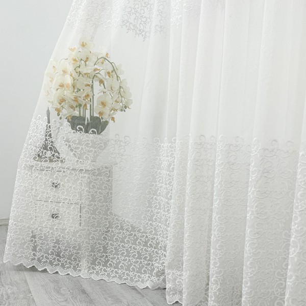 Perdea Alice din Tulle cu Broderie - 5m latime x 232cm inaltime x Rejansa pt bara, Alb [1]