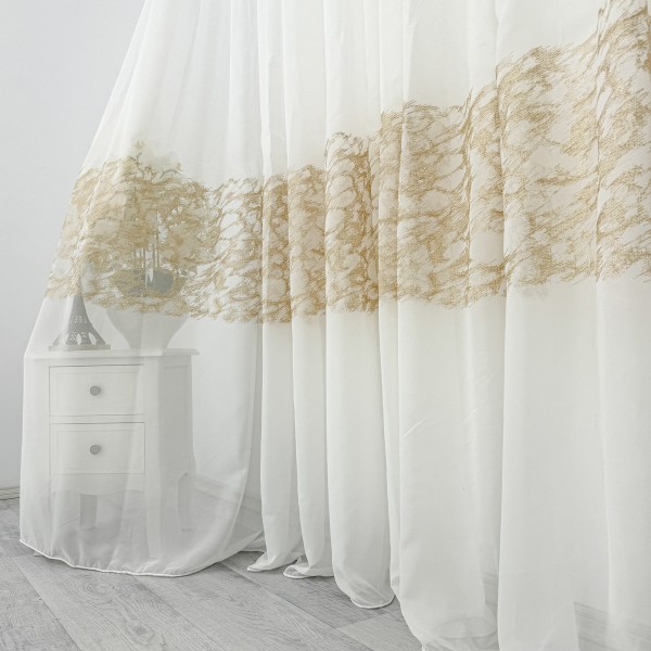 Perdea Evelyn din Voal Brodat, 500 x 232cm, rejansa pentru bara , model cu frunze, Ivoire - Maro [1]