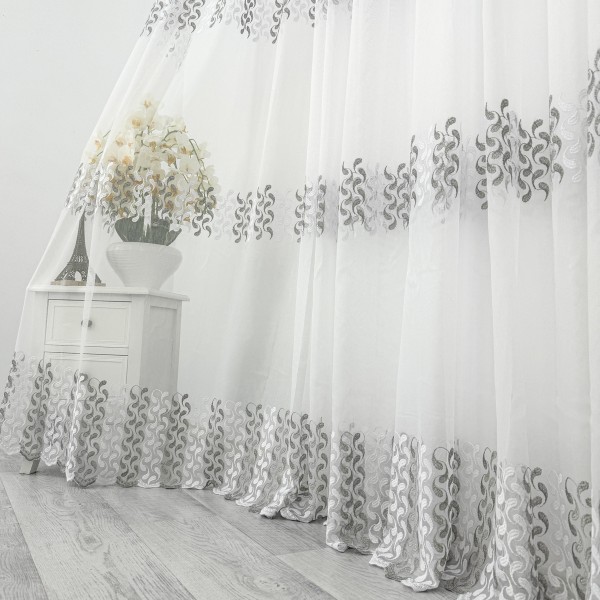  Perdea Marcia din Tulle cu Broderie, model elegant, Alb - Gri, 300cm latime x 250cm inaltime, cu rejansa pentru sina [1]