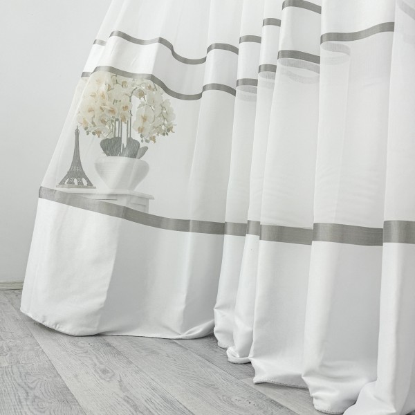 Perdea Diamond din Matase cu Banda Satinata - 5m latime x 232cm inaltime x rejansa pt bara, Alb - Gri [1]