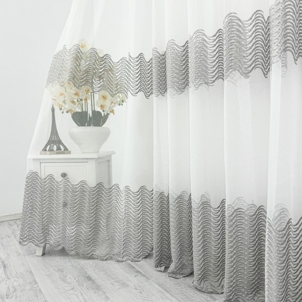 Perdea Waves din Tulle cu Broderie, Alb - Gr, 6m latime x 2,34m inaltime, cu rejansa pt sina [1]