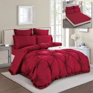 Lenjerie pat dublu,  Soft Touch, 6 piese, ELASTIC, cu VOLANASE si INIMIOARE BRODATE, Visiniu