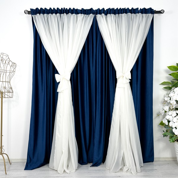 Set 2 Draperii 2 in 1 cu perdea, 200cm x 232cm ,Rejansa pt. bara , Bleumarin - Ivoire [1]