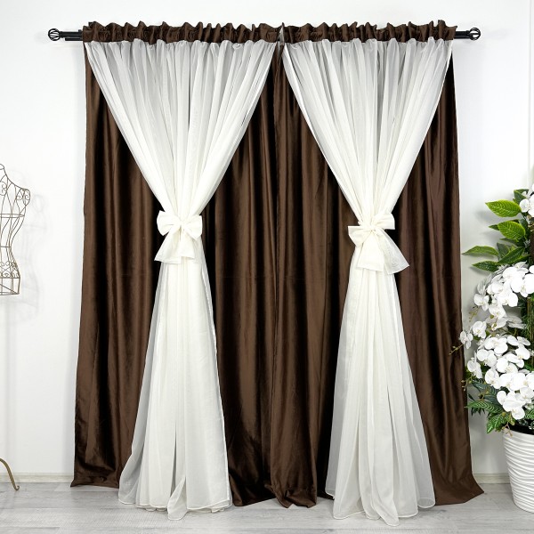 Set 2 bucati de  Draperie 2 in 1 cu perdea, Maro - Ivoire - 2 m latime x 2.32 inaltime , rejansa pt. bara  [1]