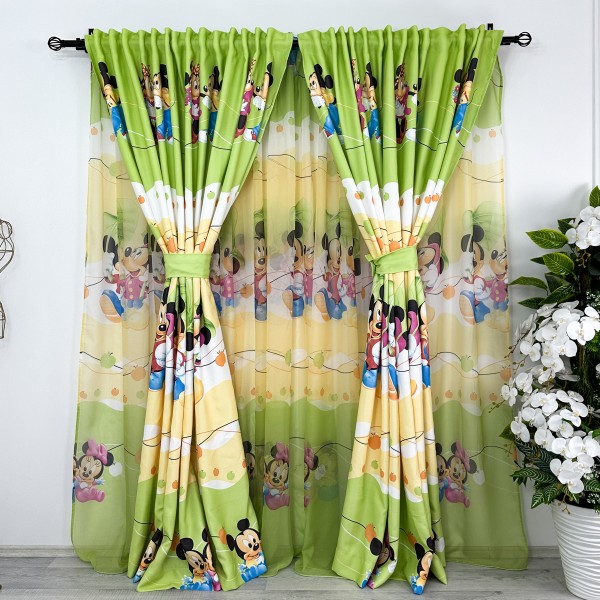 SET Perdea din Voal 300cm latime x 200m inaltime si 2 bucati de Draperie Satinata 100m latime x 200m inaltime, pentru copii, Minnie si Mickey, rejansa bara  [1]