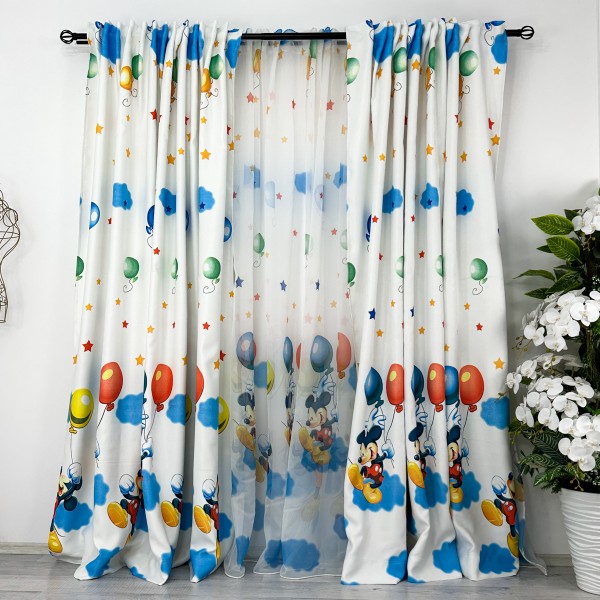 Set 2 bucati Draperie Satinata pentru copii, Mickey cu baloane, 200cm latime x 232cm inaltime, cu rejansa pentru bara [1]
