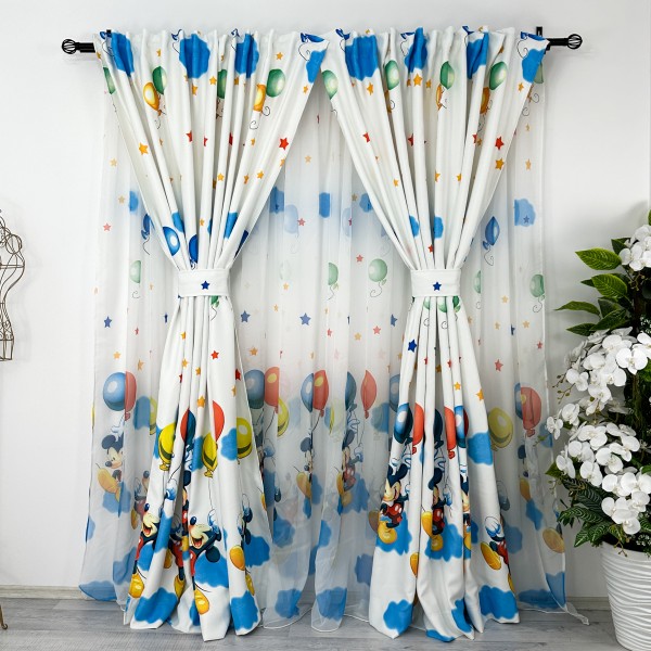 Set Perdea din Voal 3m latime x 2m inaltime si 2 bucati Draperie Satinata 1m latime x 2m inaltime, pentru copii, Mickey cu baloane [1]