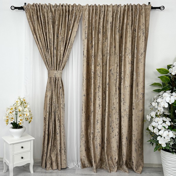 Set de 2 Draperii Catifea cu insertii aurii, Cappuccino, latime 250cm, inaltime 240cm, cu prindere pe inele  [1]