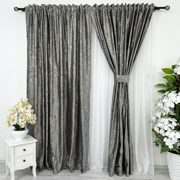Draperie Catifea cu insertii aurii, Gri v2, 200cm latime x 232cm inaltime, cu rejansa pentru bara [1]