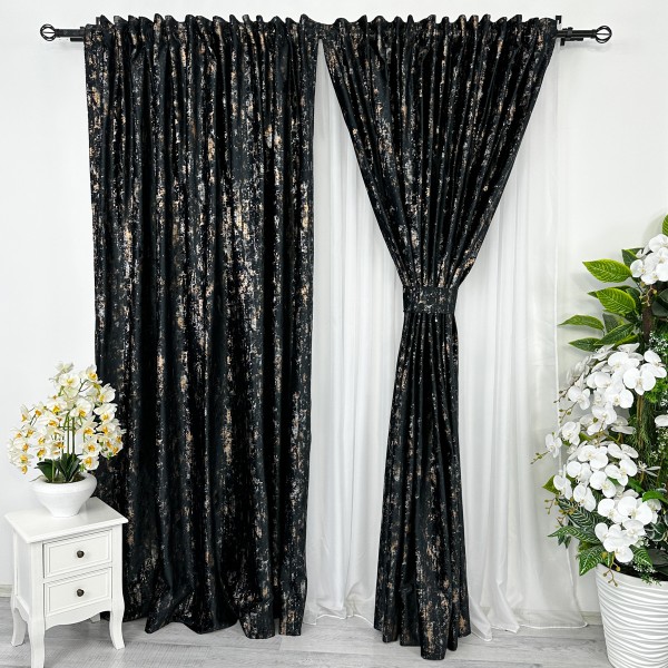 Set 2 Draperii Catifea cu insertii aurii, 1m latime x 2.3m inaltime. cu rejansa pt bara, Negru [1]