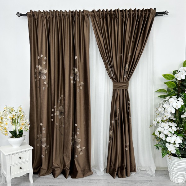Set 2 bucatie de Draperie Catifea Pictata Manual - 2m latime x 232cm inaltime x rejansa pt bara, Maro, flori [1]