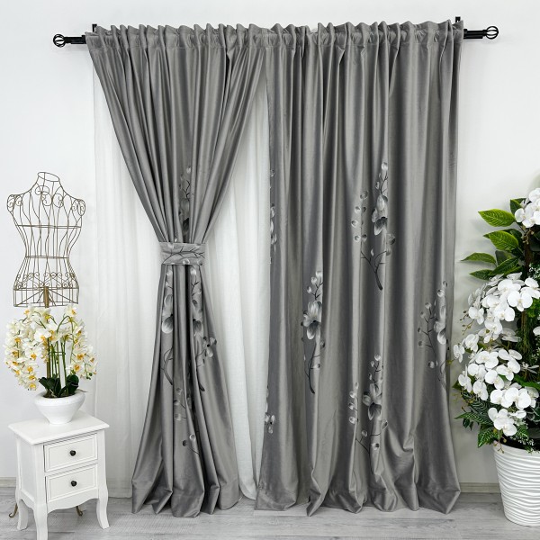 Set 2 bucati Draperie Catifea Pictata Manual, Gri deschis, flori, 200cm latime x 232cm inaltime, cu rejansa pentru bara [1]