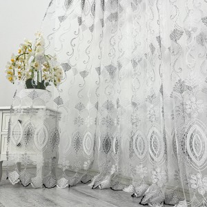 Set 2 bucati de Perdea Diafane din Tulle cu Broderie, model elegant, Alb - Gri, latime 200cm x inaltime 200cm, cu rejansa pt sina
