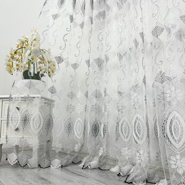 Perdea Diafane din Tulle cu Broderie, Alb - Gri, 300x220cm, cu rejansa pentru sina [1]