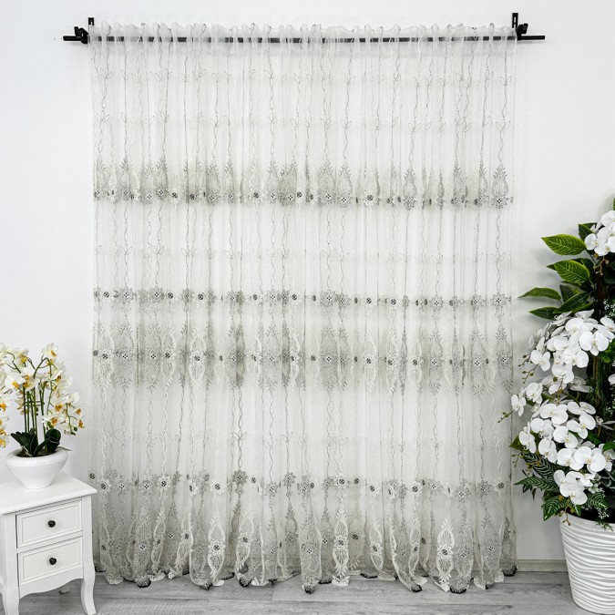 Perdea Merry din Tulle cu Broderie - 200cm x 270cm , Rejansa pt. sina, model elegant, Crem - Negru