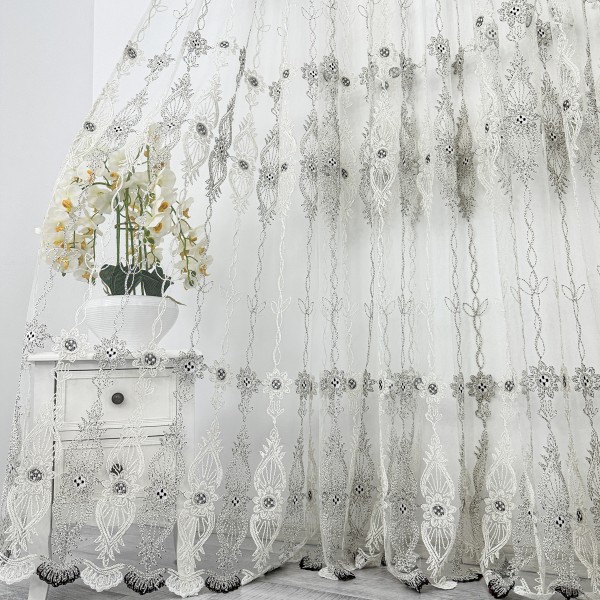 Perdea Merry din Tulle cu Broderie - 200cm x 270cm , Rejansa pt. sina, model elegant, Crem - Negru [1]