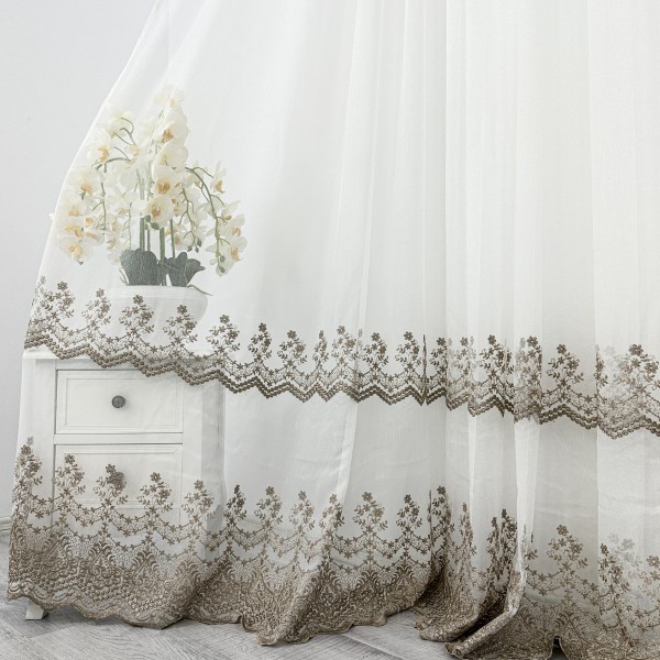 Perdea Melisa din Tulle cu Broderie, Alb - Bej nisipiu, 5m latine x 232cm inaltime, cu rejansa pentru bara [1]