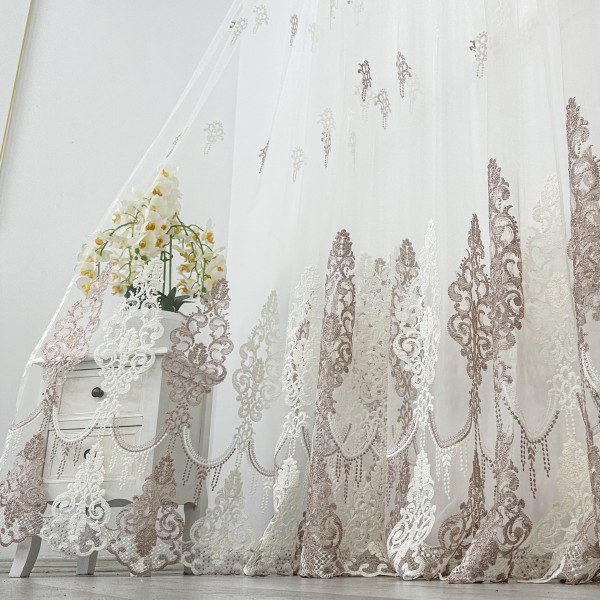Set 2 Perdele  Emerald din Tulle cu Broderie, model elegant, Alb - Roze, 200cm x 250cm ,Rejansa pentru sina [1]