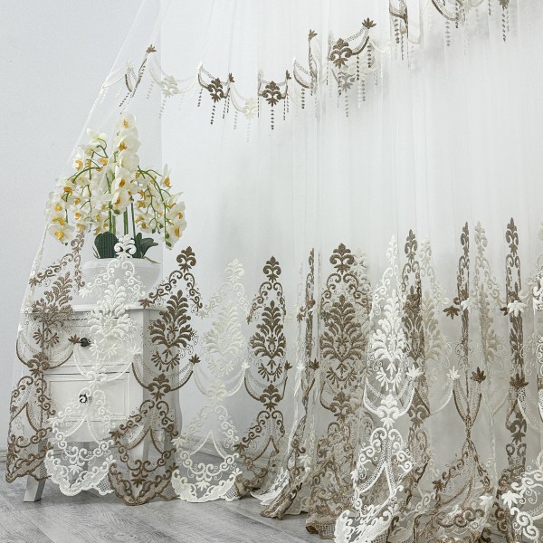 Perdea Aurora din Tulle cu Broderie - 5m latime x 232cm inaltime x Rejansa pt bara, model elegant, Alb - Bej nisipiu [1]