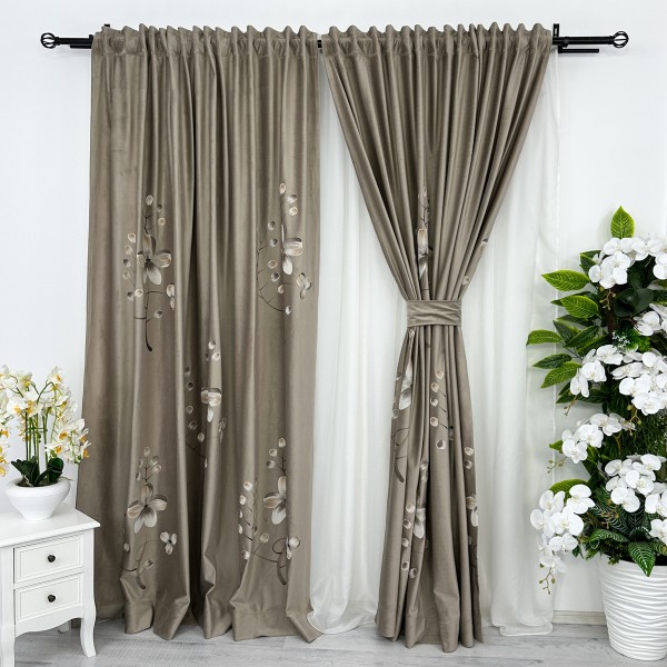 Set 2 bucati Draperie Catifea Pictata Manual, Bej, flori, 200cm latime x 232cm inaltime, cu rejansa pentru bara [1]