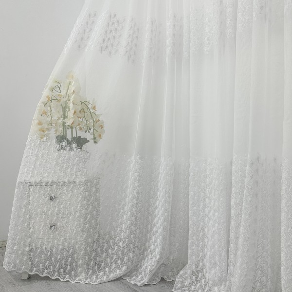 Perdea Jasmine din matase Brodata, model cu frunze, Alb, 2M latime x200cm, inaltime cu rejansa pentru BARA [1]